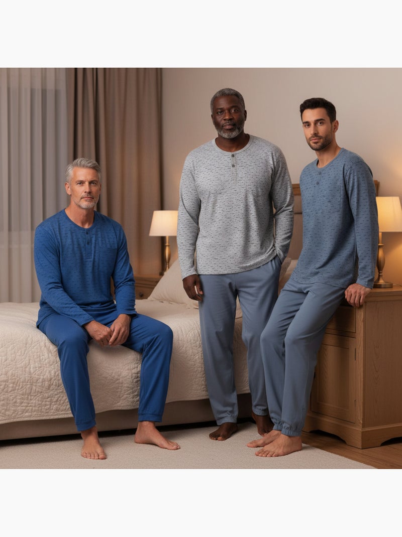 Confezione 3 pigiami uomo lunghi ozabi, stampa, collo bottone Grigio blu marino - Kiabi