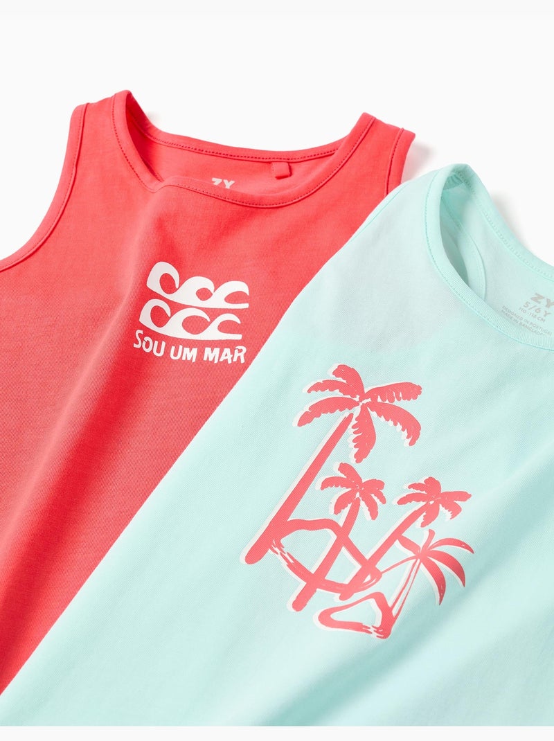 Confezione da 2 canottiere in cotone con stampe da spiaggia Blu chiaro - Kiabi