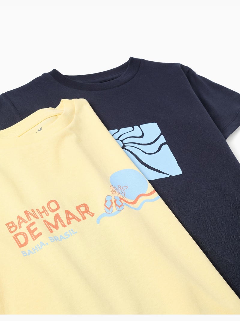 Confezione da 2 magliette in cotone con stampe da spiaggia Giallo chiaro - Kiabi