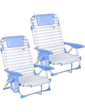 Confezione da 2 sedie da spiaggia basse multiposizione 51x45x76 cm a righe con tasche