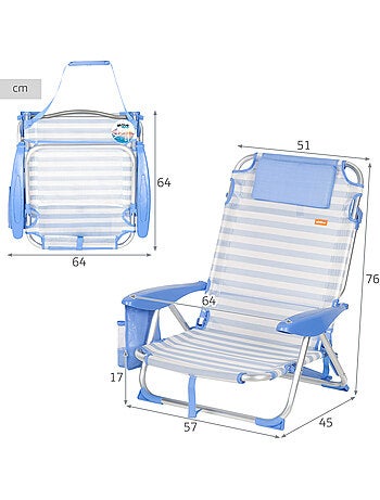 Confezione da 2 sedie da spiaggia basse multiposizione 51x45x76 cm a righe con tasche
