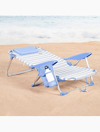 Confezione da 2 sedie da spiaggia basse multiposizione 51x45x76 cm a righe con tasche