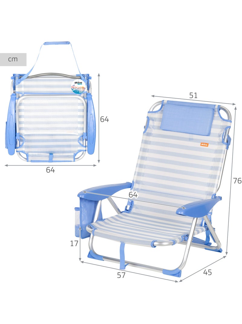 Confezione da 2 sedie da spiaggia basse multiposizione 51x45x76 cm a righe con tasche Blu Bianco - Kiabi
