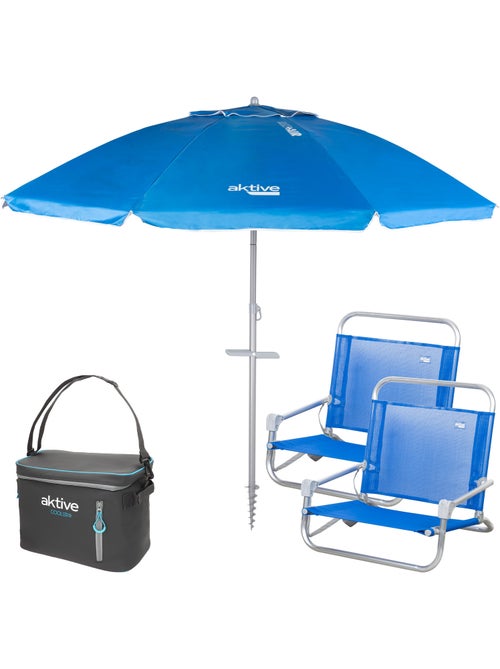 Confezione da 2 sedie da spiaggia blu 46x44x49 cm, ombrellone da 200 cm e borsa termica morbida - Kiabi