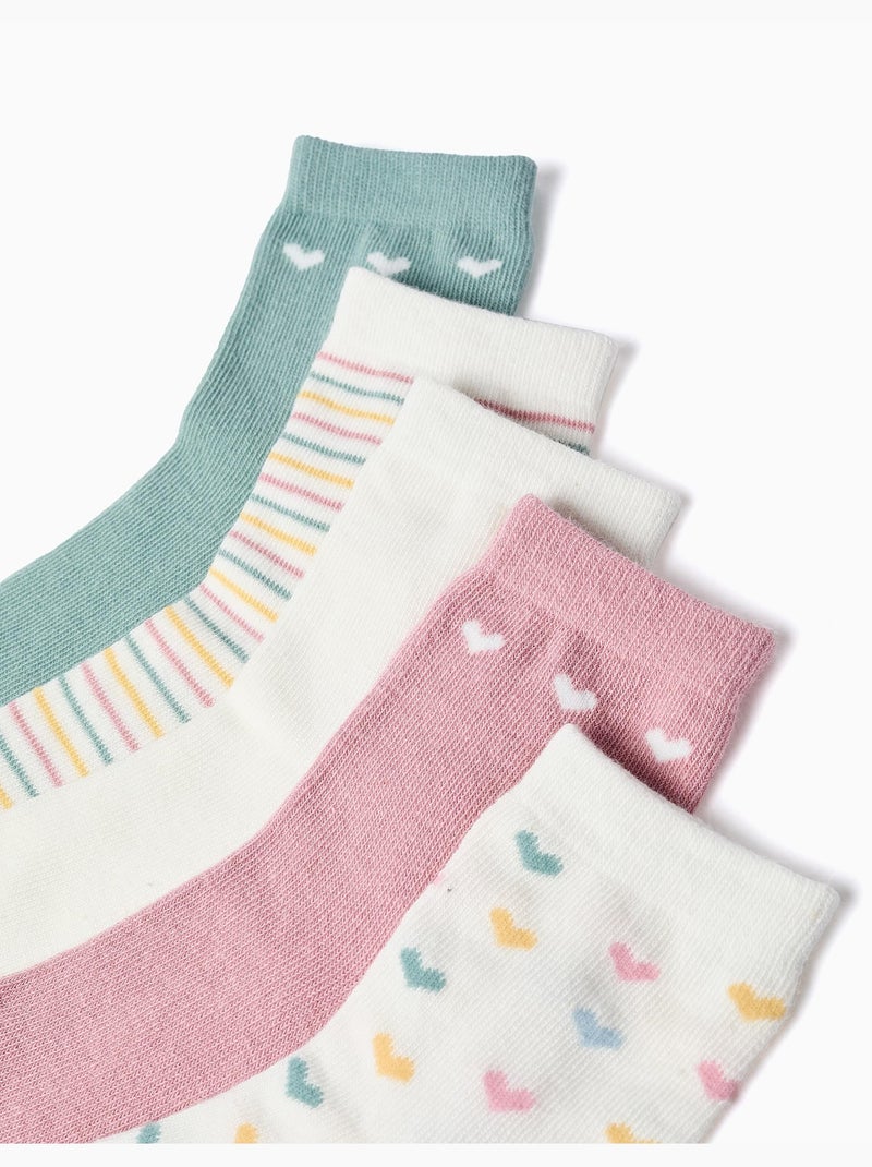 Confezione di 5 paia di calzini a righe/cuori Beige/Rosa/Verde acqua - Kiabi
