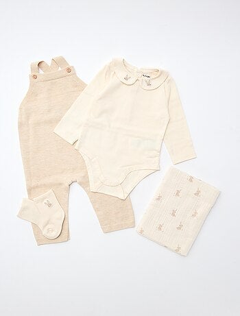 CONFEZIONE REGALO salopette lunga in maglia + body + mussola double gaze + calzini