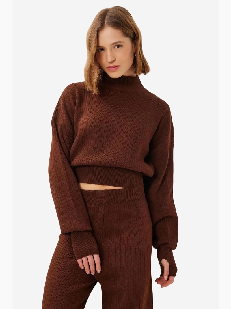 Coordinato a due pezzi in maglia a coste con dolcevita mezzo collo istanbul Marrone cioccolato - Kiabi