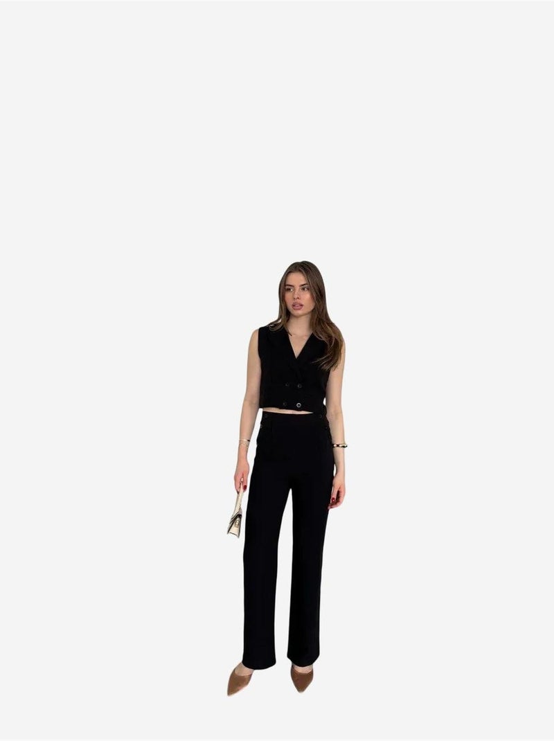Coordinato a gamba larga con scollo a v abbottonato a vita alta my fashion Nero - Kiabi