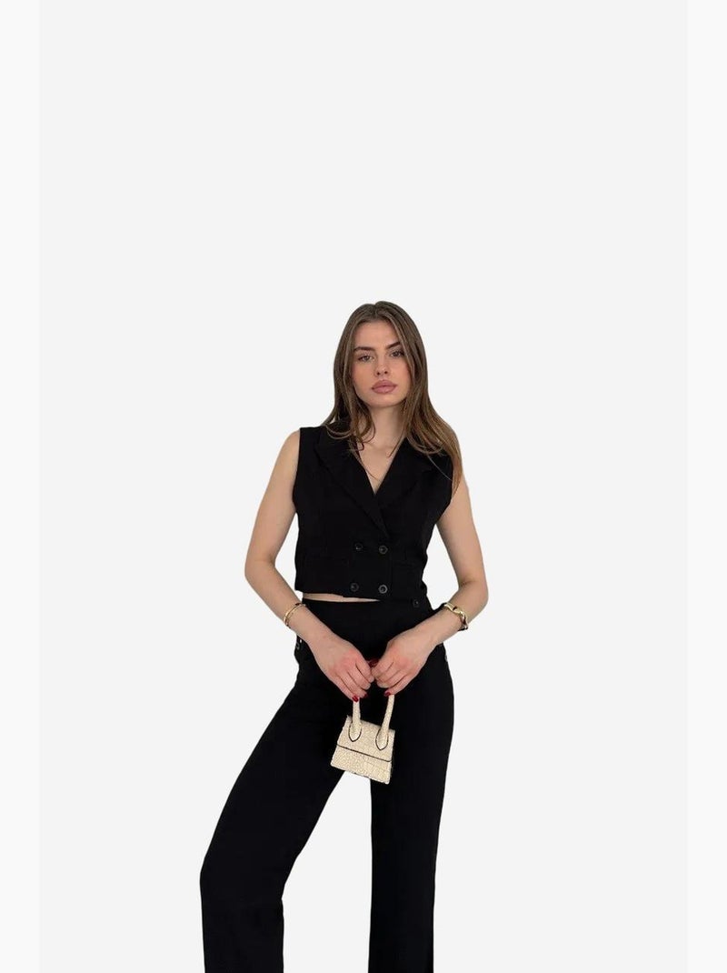 Coordinato a gamba larga con scollo a v abbottonato a vita alta my fashion Nero - Kiabi