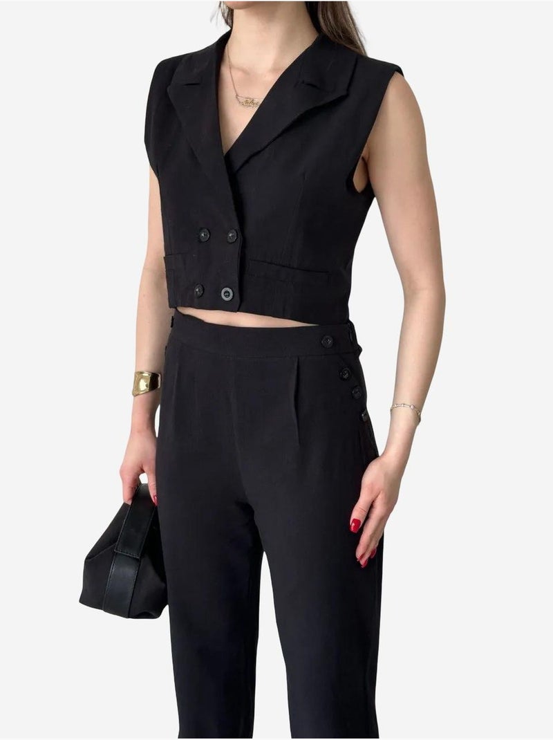 Coordinato a gamba larga con scollo a v abbottonato a vita alta my fashion Nero - Kiabi