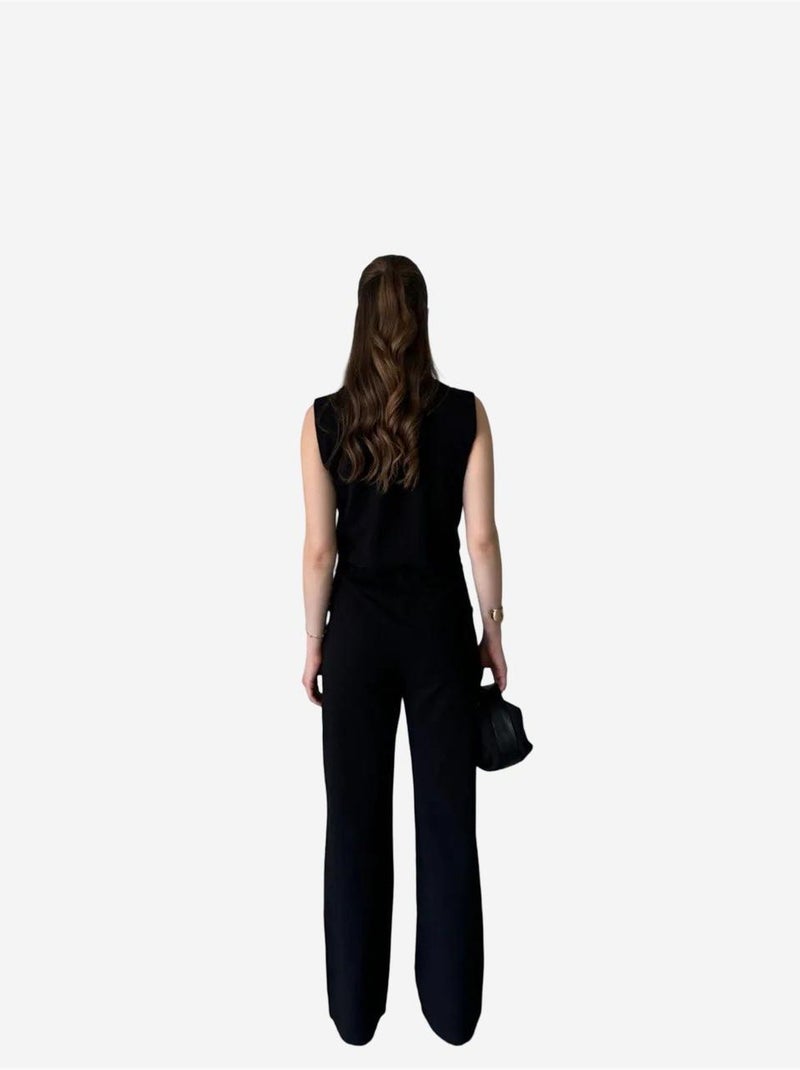 Coordinato a gamba larga con scollo a v abbottonato a vita alta my fashion Nero - Kiabi