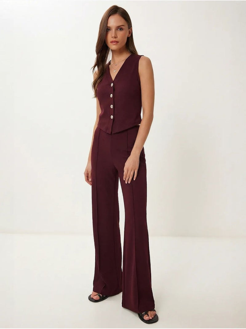 Coordinato a vita alta con scollo a v, abbottonatura e pantaloni a gamba ampia istanbul Rosso bordeaux - Kiabi