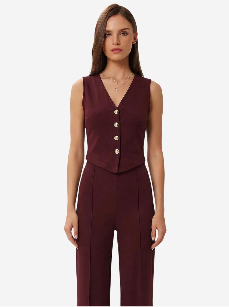 Coordinato a vita alta con scollo a v, abbottonatura e pantaloni a gamba ampia istanbul Rosso bordeaux - Kiabi
