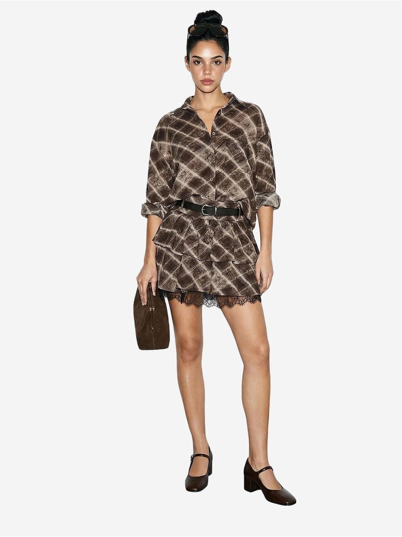 Coordinato camicia oversize a quadri e gonna lucci Marrone cioccolato - Kiabi