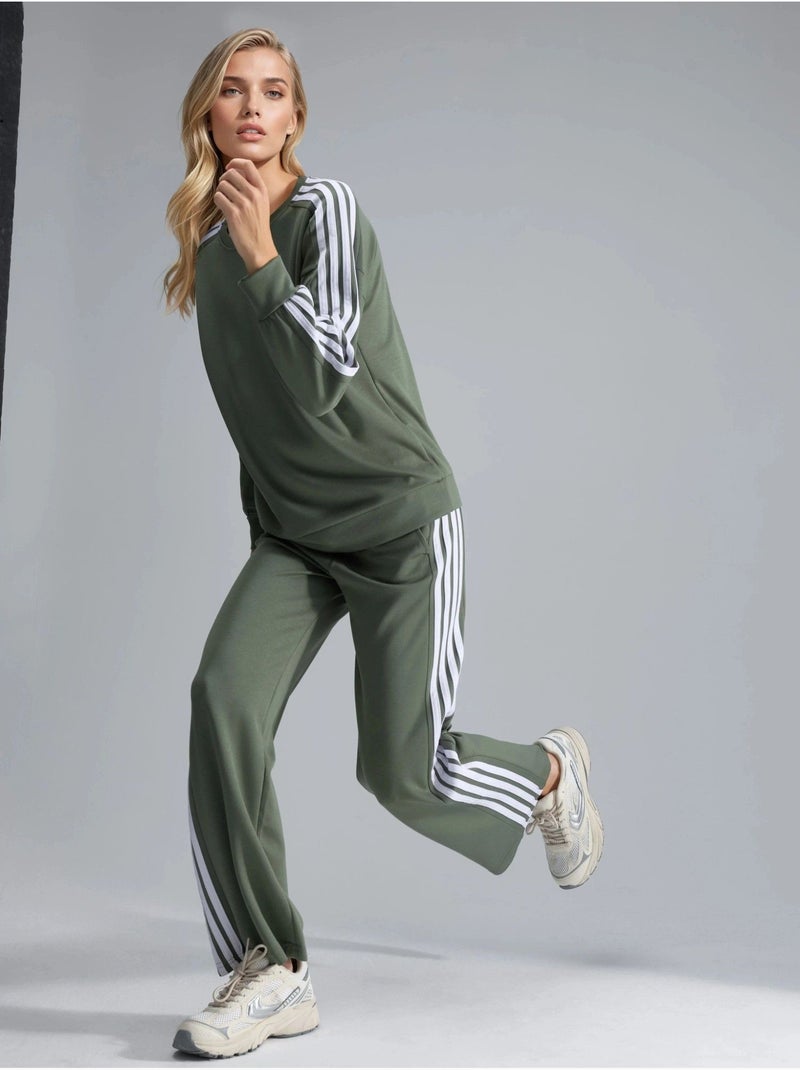 Coordinato con felpa a righe con girocollo e pantaloni a gamba dritta hiccup Verde kaki - Kiabi
