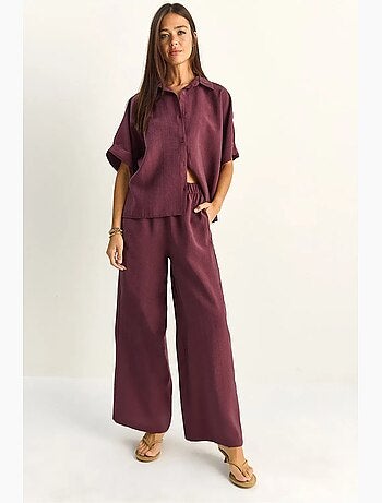 Coordinato due pezzi a gamba larga a vita alta con collo a camicia lucci