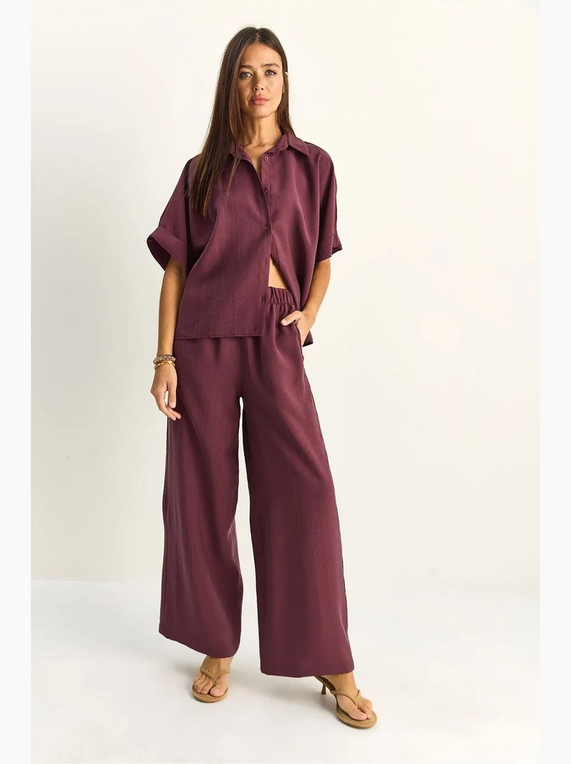 Coordinato due pezzi a gamba larga a vita alta con collo a camicia lucci Malva - Kiabi