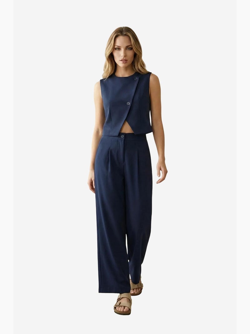 Coordinato due pezzi a vita alta con pantaloni a gamba ampia my fashion Blu marino - Kiabi
