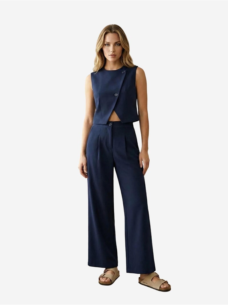 Coordinato due pezzi a vita alta con pantaloni a gamba ampia my fashion Blu marino - Kiabi
