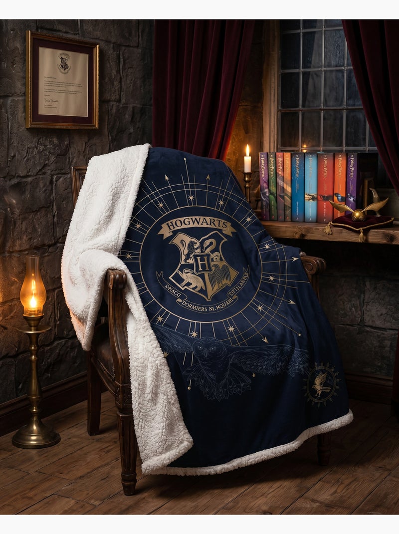 Coperta Coral & Sherpa Harry Potter Hogwarts 130x170cm – Stemma Dorato – Licenza Ufficiale Nero Blu - Kiabi
