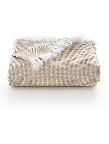 Coperta tipo Plaid, tessuto strutturato in filato tinto a rilievo a nido d'ape, con frange - Gamusi