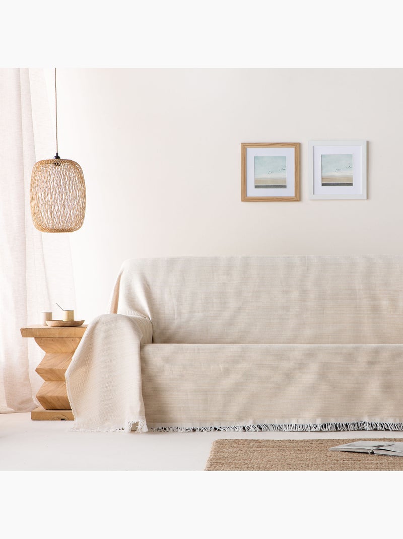 Coperta tipo Plaid, tessuto strutturato in filato tinto a rilievo a nido d'ape, con frange - Gamusi Beige - Kiabi