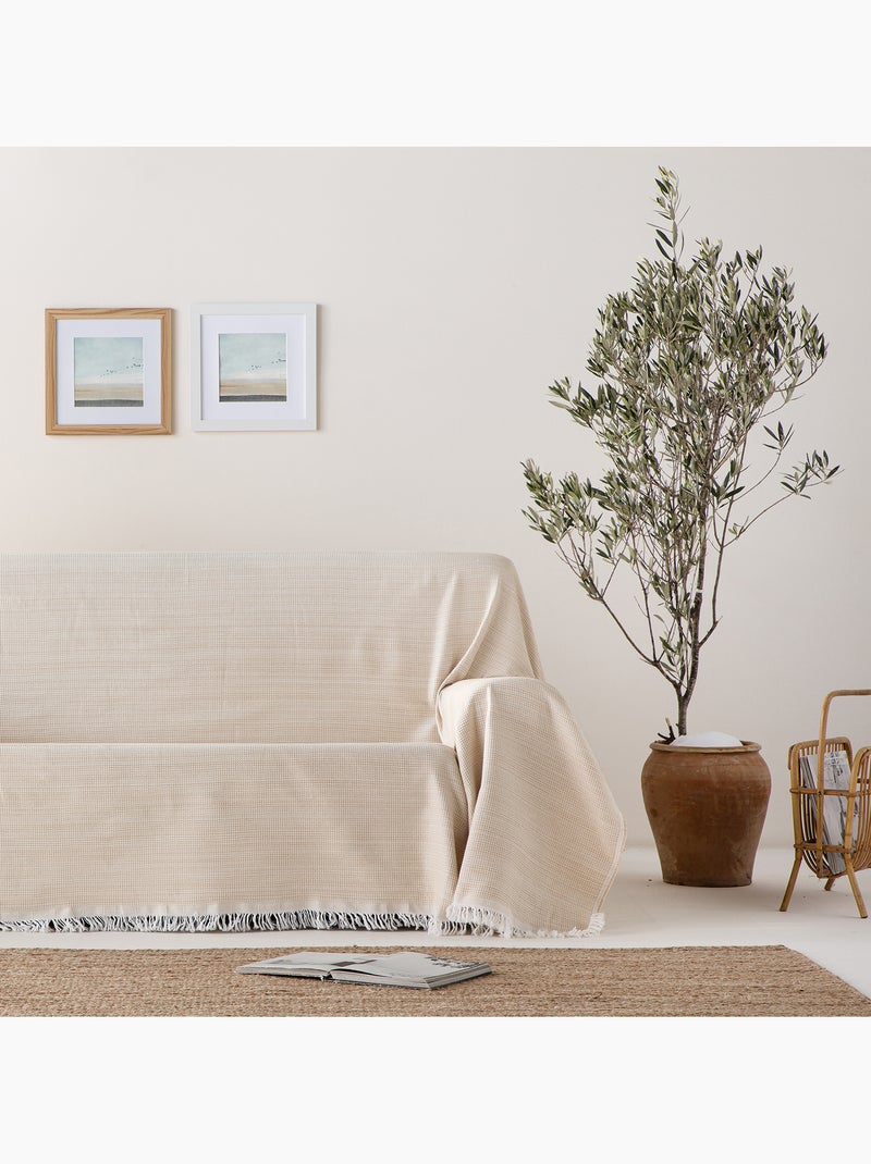 Coperta tipo Plaid, tessuto strutturato in filato tinto a rilievo a nido d'ape, con frange - Gamusi Beige - Kiabi