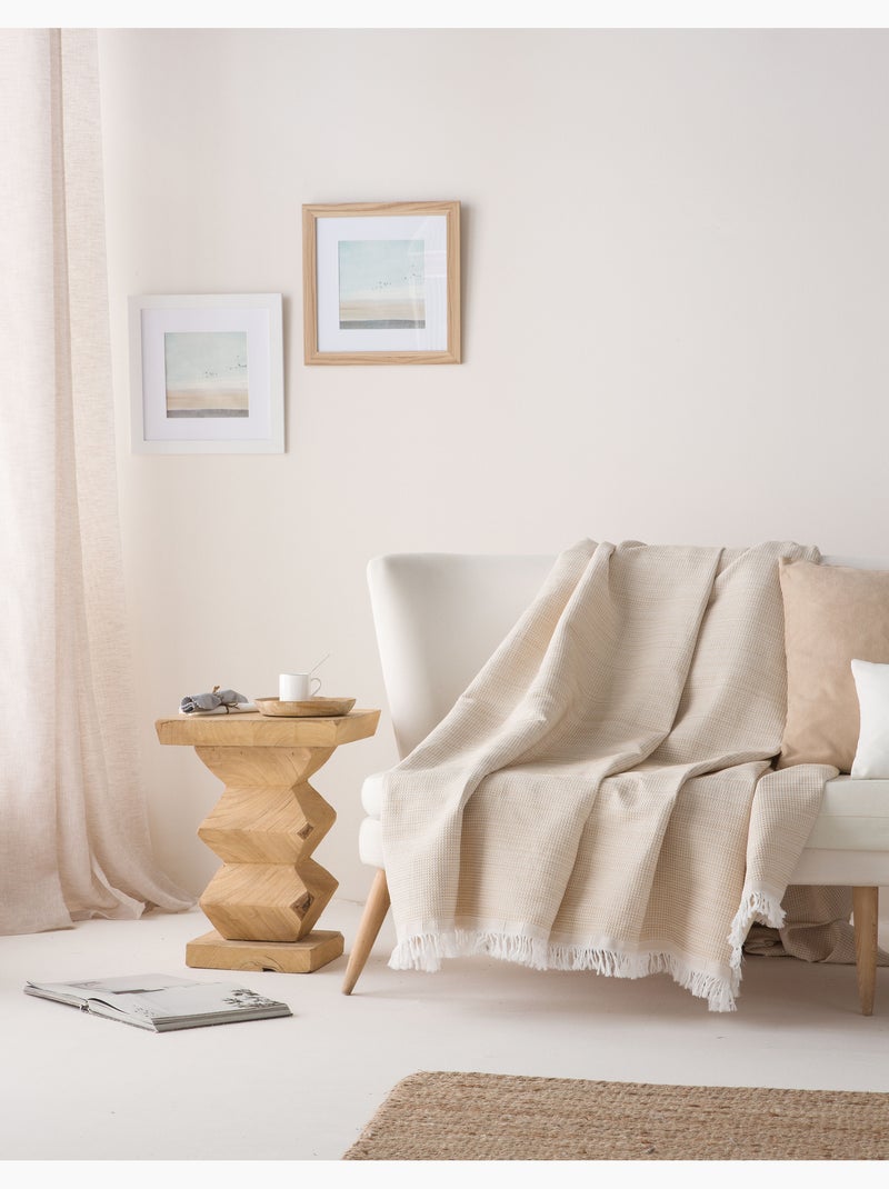 Coperta tipo Plaid, tessuto strutturato in filato tinto a rilievo a nido d'ape, con frange - Gamusi Beige - Kiabi