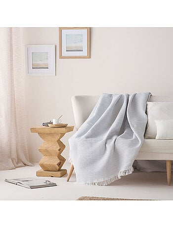 Coperta tipo Plaid, tessuto strutturato in filato tinto a rilievo a nido d'ape, con frange - Gamusi