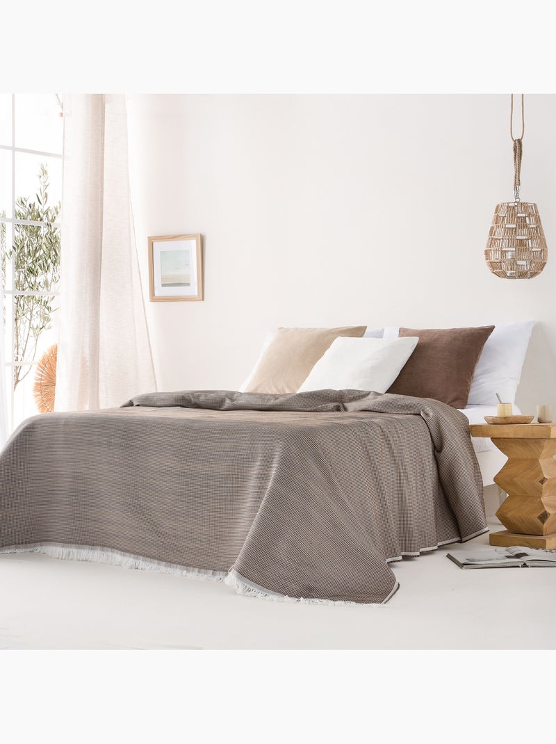 Coperta tipo Plaid, tessuto strutturato in filato tinto a rilievo a nido d'ape, con frange - Gamusi Marrone cioccolato - Kiabi