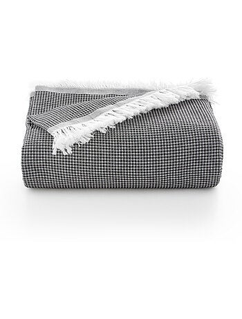 Coperta tipo Plaid, tessuto strutturato in filato tinto a rilievo a nido d'ape, con frange - Gamusi