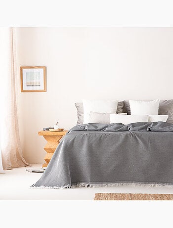 Coperta tipo Plaid, tessuto strutturato in filato tinto a rilievo a nido d'ape, con frange - Gamusi