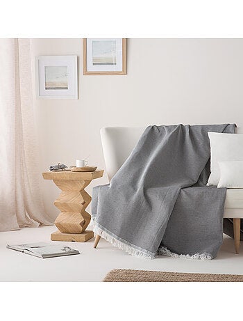 Coperta tipo Plaid, tessuto strutturato in filato tinto a rilievo a nido d'ape, con frange - Gamusi
