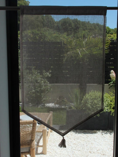 Coppia di piccole tende in 100% lino con punto e pompon - Kiabi