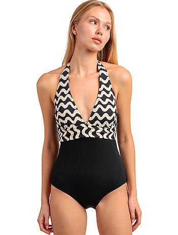 Costume da bagno ADMAS Halter Waves bianco e nero per donna