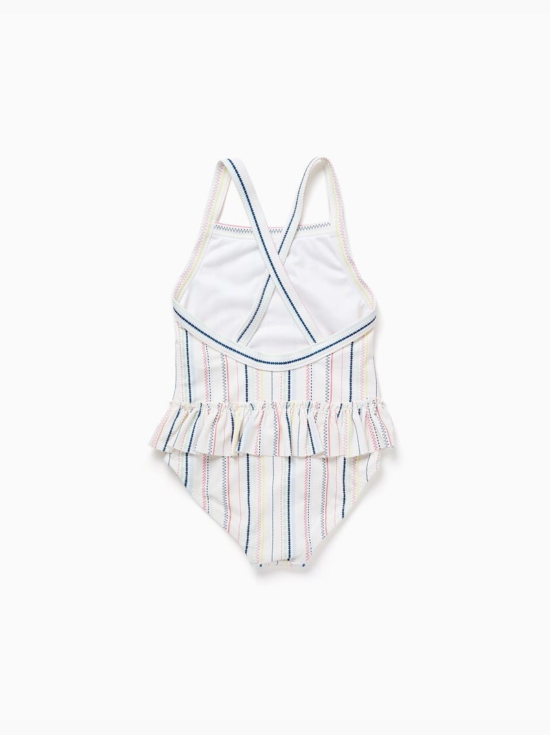 Costume da bagno con a righe etniche e volant B&S Bianco - Kiabi