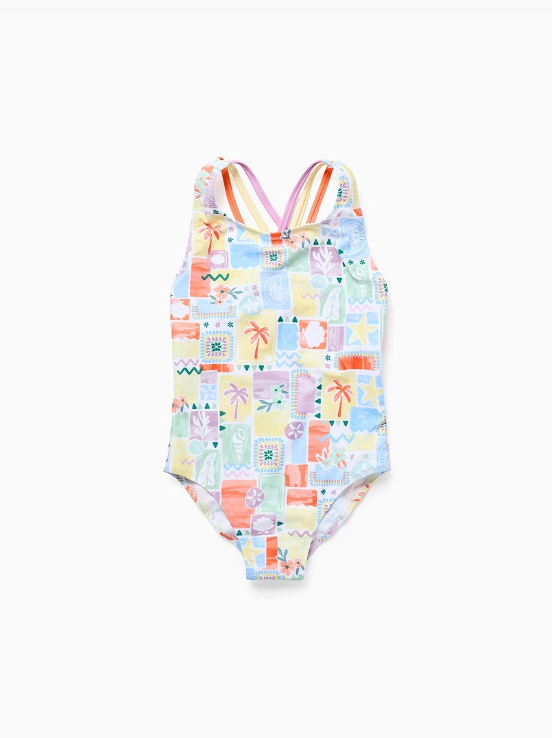 Costume da bagno con stampa colorata e spalline incrociatee Bianco - Kiabi