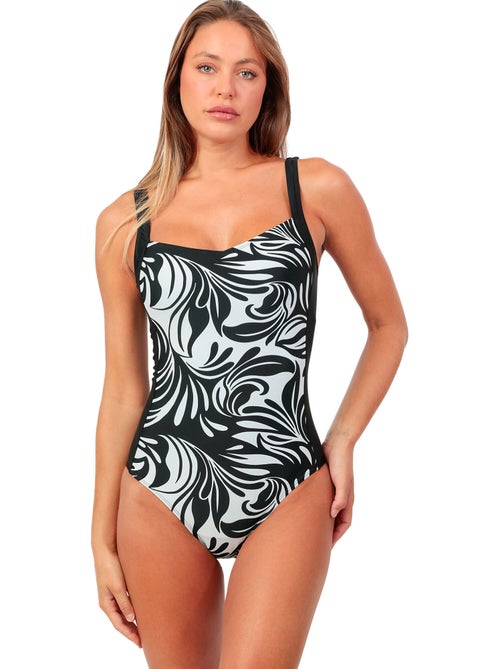 Costume da bagno curvy snellente da donna ADMAS con fasce, nero e bianco - Kiabi