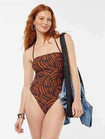 Costume intero traforato con stampa feuillage
