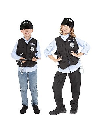 Costume o equipaggiamento da poliziotto: giubbotto, berretto, manganello, manette.