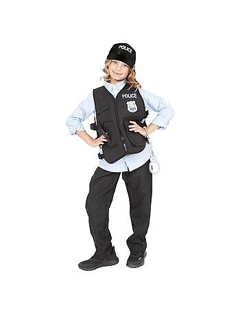 Costume o equipaggiamento da poliziotto: giubbotto, berretto, manganello, manette.