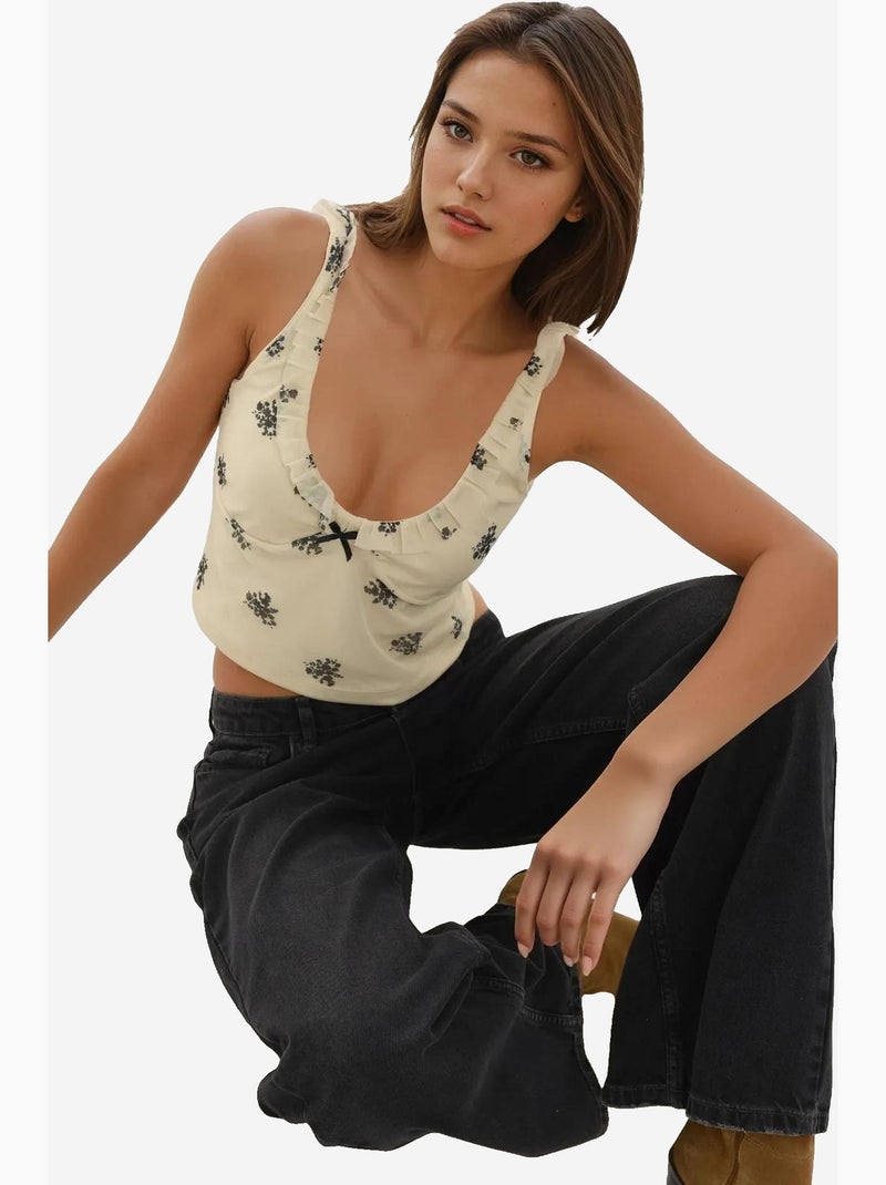 Crop tank top con scollo a u e stampa hiccup Crema - Kiabi
