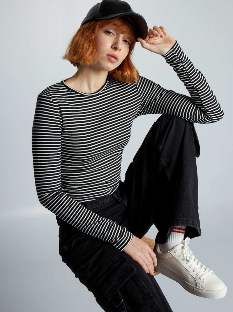 Crop-top a coste a righe NERO - Kiabi