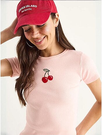 Crop top a coste ricamato lucci