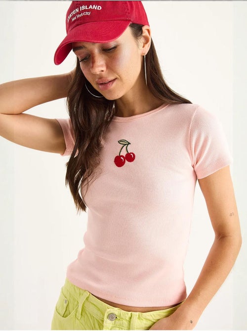 Crop top a coste ricamato lucci - Kiabi Crop top a coste ricamato lucci - Kiabi