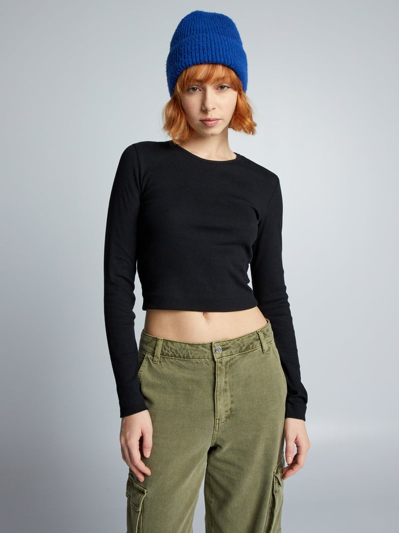 Crop-top a coste tinta unita nero - Kiabi
