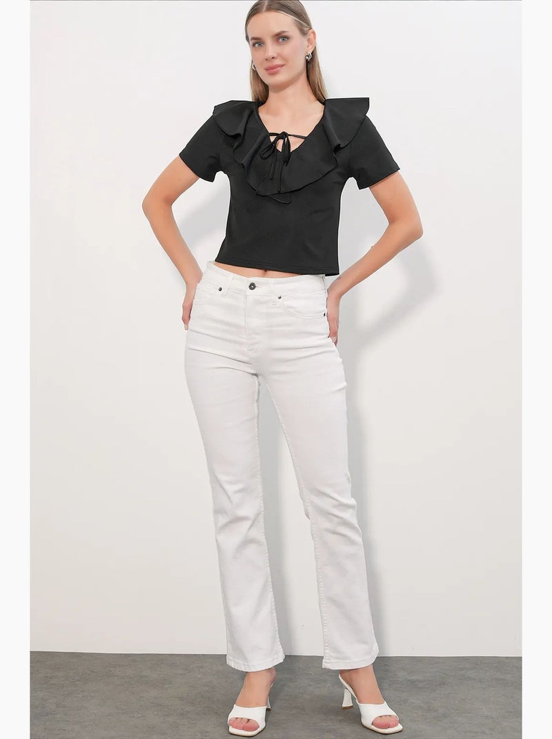 Crop top con ruches e chiusura frontale con laccetto bdart Nero - Kiabi