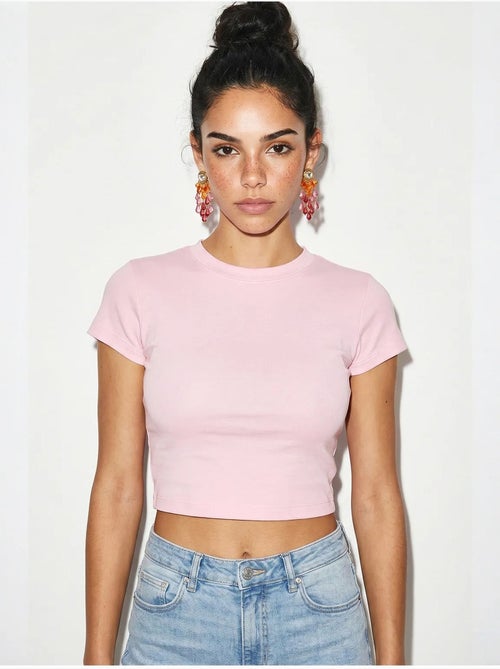Crop top da donna slim fit in cotone e lycra lucci - Kiabi Crop top da donna slim fit in cotone e lycra lucci - Kiabi