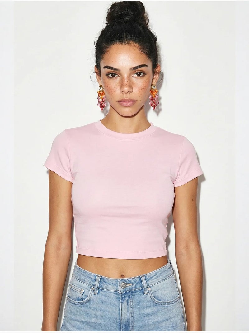 Crop top da donna slim fit in cotone e lycra lucci Rosa chiaro - Kiabi