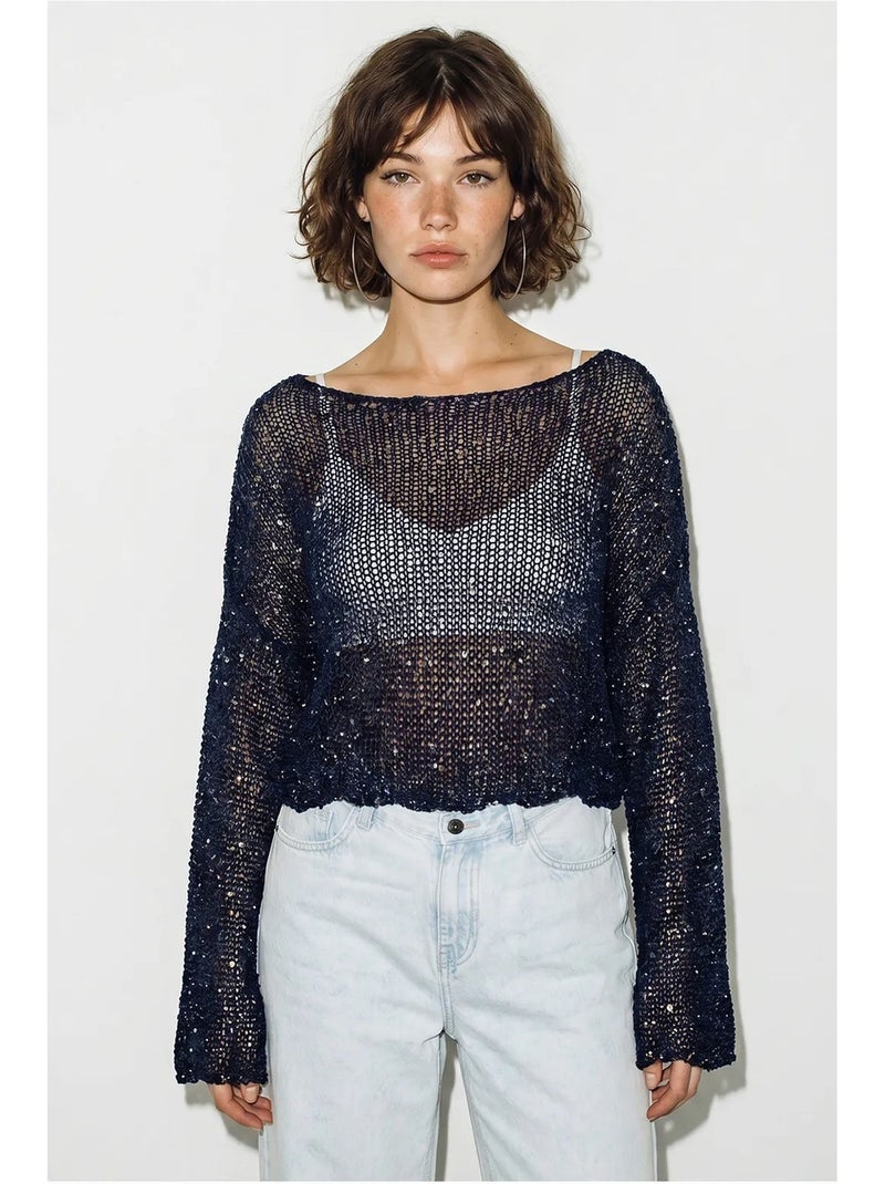 Crop top in maglia con paillettes, vestibilità ampia lucci Blu marino - Kiabi